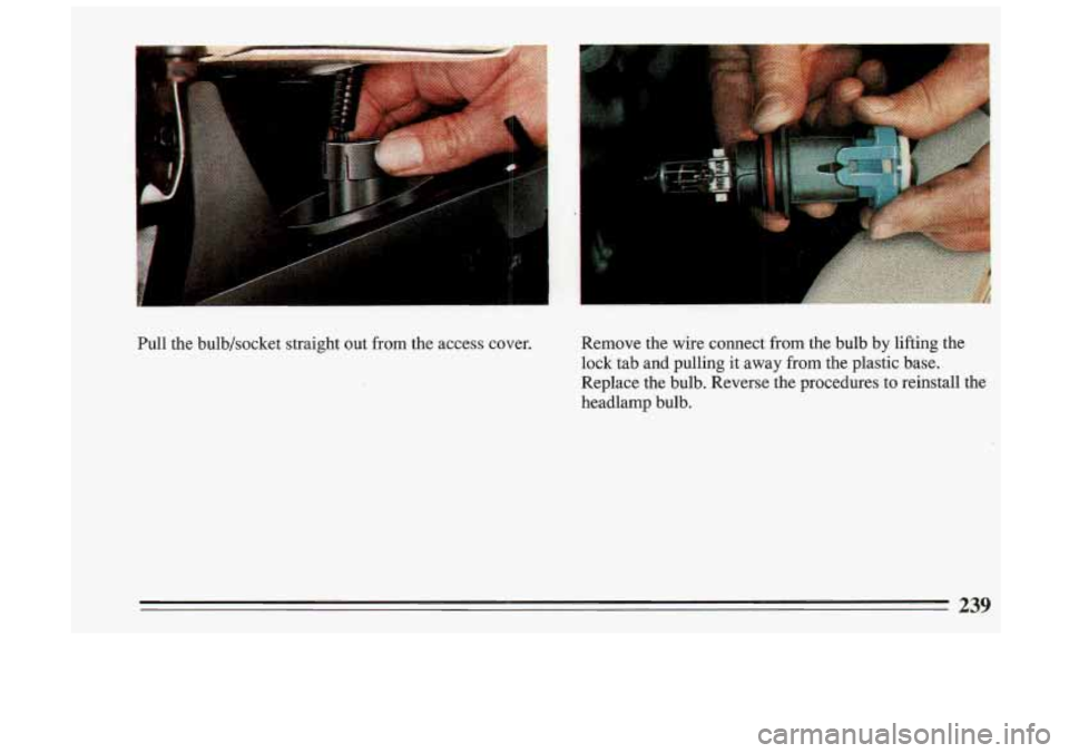 BUICK SKYLARK 1993 Owners Manual Pull the bulb/socket straight out from the access cover. Remove
the wire connect from the bulb by lifting the
lock tab and pulling it away
from the plastic base.
Replace the bu BUICK SKYLARK 1993 Owners Manual Pull the bulb/socket straight out from the access cover. Remove
the wire connect from the bulb by lifting the
lock tab and pulling it away
from the plastic base.
Replace the bu