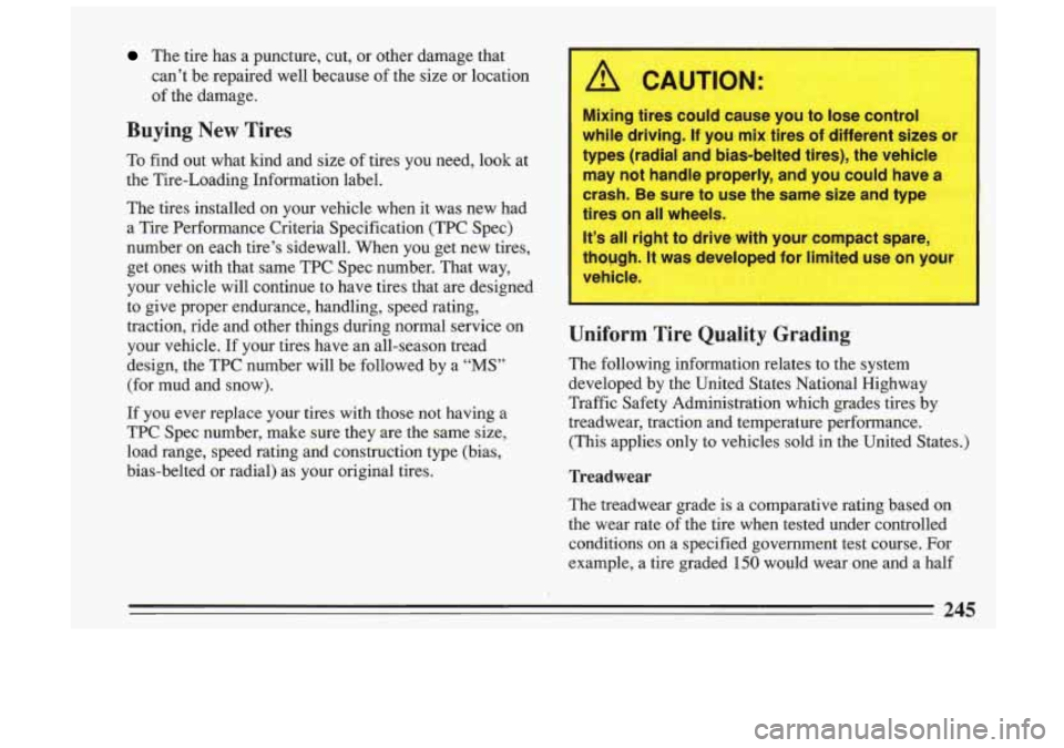 BUICK SKYLARK 1993 Owners Manual The tire has a puncture, cut, or other damage that
can’t be repaired well because of the size or location
of the damage.
Buying New Tires
To find out what kind and size BUICK SKYLARK 1993 Owners Manual The tire has a puncture, cut, or other damage that
can’t be repaired well because of the size or location
of the damage.
Buying New Tires
To find out what kind and size