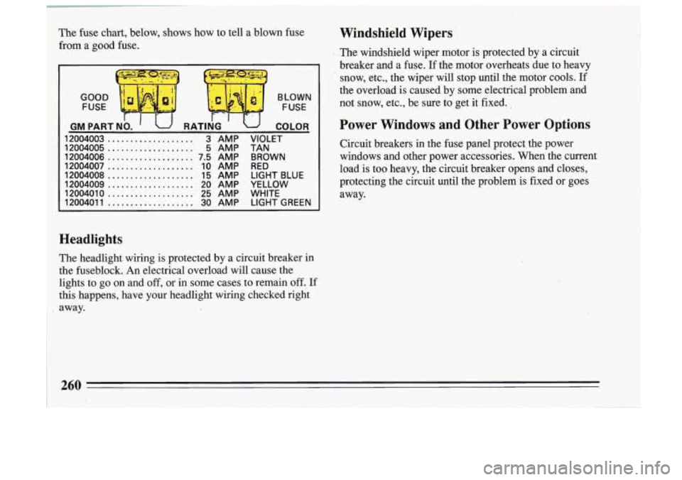 BUICK SKYLARK 1993 Owners Manual The fuse chart, below, shows how to tell a blown fuse
from
.. a good fuse.
GOOD 1
I FUSE FUSE
BLOWN
u RATING GM PART NO.
12004003 ................... 3 AMP VIOLET
12004006
..... BUICK SKYLARK 1993 Owners Manual The fuse chart, below, shows how to tell a blown fuse
from
.. a good fuse.
GOOD 1
I FUSE FUSE
BLOWN
u RATING GM PART NO.
12004003 ................... 3 AMP VIOLET
12004006
.....