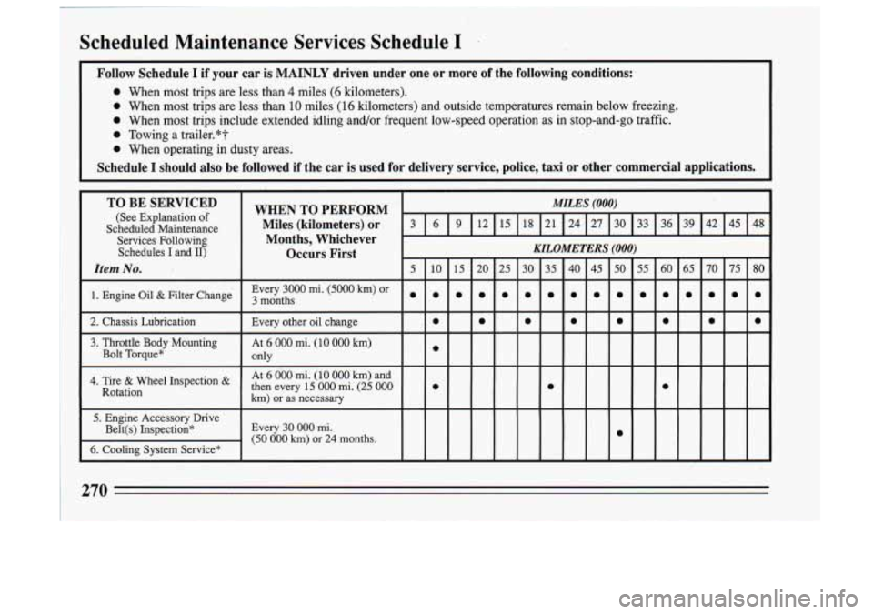 BUICK SKYLARK 1993 Owners Manual I
b Scheduled Maintenance Services Schedule I -
Follow Schedule I if your car is MAINLY driven under one or more of the following conditions:
0 When most trips are less than 4 miles BUICK SKYLARK 1993 Owners Manual I
b Scheduled Maintenance Services Schedule I -
Follow Schedule I if your car is MAINLY driven under one or more of the following conditions:
0 When most trips are less than 4 miles