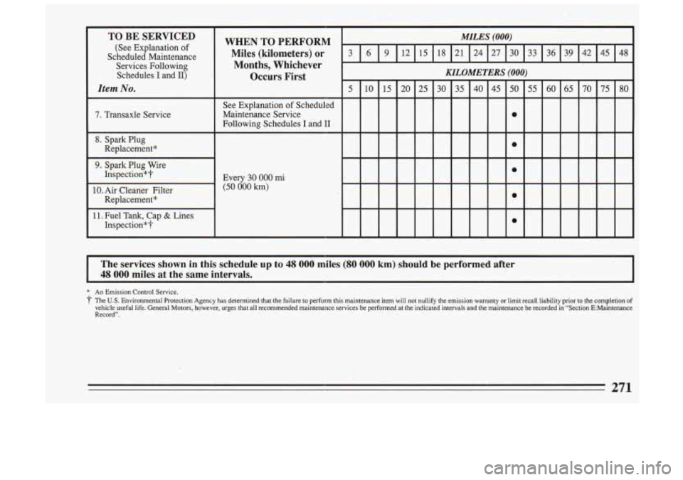 BUICK SKYLARK 1993 Owners Manual TO BE SERVICED
[See Explanation of
Scheduled Maintenance Miles (kilometers) or
WHEN
TO PERFORM
Services Following: I Months, Whichever
Schedules I and 16
Item No. I
Occurs First
7. BUICK SKYLARK 1993 Owners Manual TO BE SERVICED
[See Explanation of
Scheduled Maintenance Miles (kilometers) or
WHEN
TO PERFORM
Services Following: I Months, Whichever
Schedules I and 16
Item No. I
Occurs First
7.
