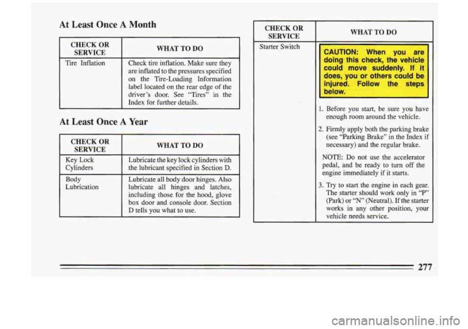 BUICK SKYLARK 1993 Owners Manual At Least Once A Month
CHECK OR SERVICE
Tire Inflation
WHAT TO DO
Check tire inflation. Make sure they
are inflated to the pressures specified
on the Tire-Loading Information
label BUICK SKYLARK 1993 Owners Manual At Least Once A Month
CHECK OR SERVICE
Tire Inflation
WHAT TO DO
Check tire inflation. Make sure they
are inflated to the pressures specified
on the Tire-Loading Information
label
