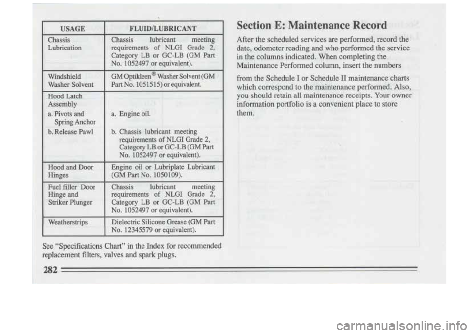 BUICK SKYLARK 1993 Owners Manual Hood Latch
Assembly
. .
a.-Pivots and
Spwg Anchor
b. Release Pawl
Hood and Door
Hinges
a. Engine oil.
b. Chassis lubricant meeting
requirem’ents
‘of NLGI Grade 2,
Cakgory LB or BUICK SKYLARK 1993 Owners Manual Hood Latch
Assembly
. .
a.-Pivots and
Spwg Anchor
b. Release Pawl
Hood and Door
Hinges
a. Engine oil.
b. Chassis lubricant meeting
requirem’ents
‘of NLGI Grade 2,
Cakgory LB or
