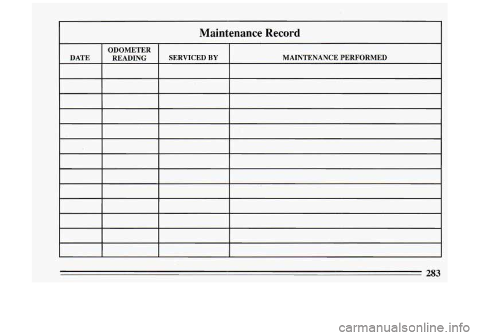 BUICK SKYLARK 1993 Owners Manual Maintenance Record
ODOMETER
-<
DATE MAINTENANCE PERFORMED
SERVICED BY READING
283 BUICK SKYLARK 1993 Owners Manual Maintenance Record
ODOMETER
-<
DATE MAINTENANCE PERFORMED
SERVICED BY READING
283