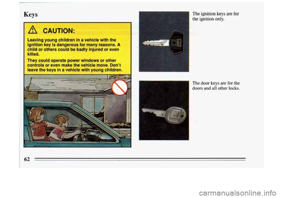 BUICK SKYLARK 1993  Owners Manual Keys 
CAUTION: 
Leaving  young  children in a  vehicle  with  the 
ignition  key 
is dangerous  for  many  reasons. A 
child  or  others  could  be badly  injured  or  even 
killed. 
" I 
I 
I 
The ig