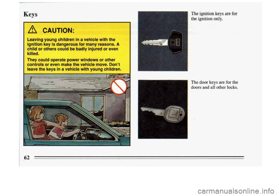 BUICK SKYLARK 1993 Repair Manual Keys 
CAUTION: 
Leaving  young  children in a  vehicle  with  the 
ignition  key 
is dangerous  for  many  reasons. A 
child  or  others  could  be badly  injured  or  even 
killed. 
" I 
I 
I 
The ig