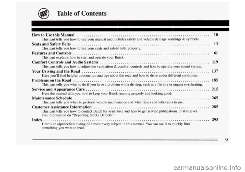 BUICK SKYLARK 1993  Owners Manual Table of Contents 
How to Use this  Manual ................................................................. 10 
Seats and Safety  Belts 
............................ .:. .............................