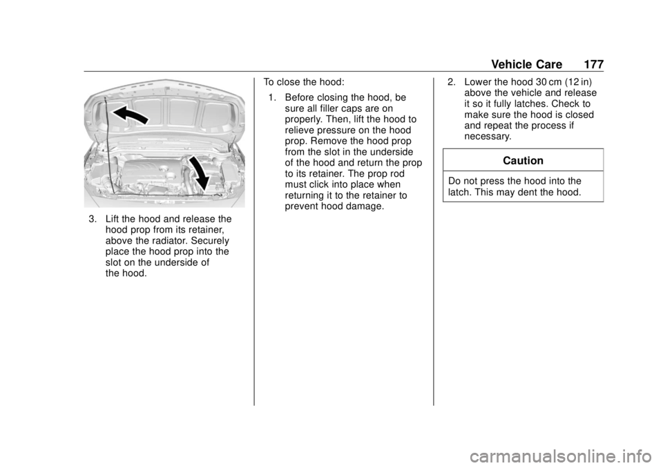 BUICK CASCADA 2018  Owners Manual Buick Cascada Owner Manual (GMNA-Localizing-U.S-11373983) - 2018 -
CRC - 7/10/17
Vehicle Care 177
3. Lift the hood and release the
hood prop from its retainer,
above the radiator. Securely
place the h