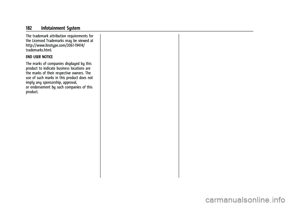 BUICK ENCLAVE 2021 Owners Manual Buick Enclave Owner Manual (GMNA-Localizing-U.S./Canada/Mexico-
14637843) - 2021 - CRC - 12/9/20
182 Infotainment System
The trademark attribution requirements for
the Licensed Trademarks may be viewe BUICK ENCLAVE 2021 Owners Manual Buick Enclave Owner Manual (GMNA-Localizing-U.S./Canada/Mexico-
14637843) - 2021 - CRC - 12/9/20
182 Infotainment System
The trademark attribution requirements for
the Licensed Trademarks may be viewe