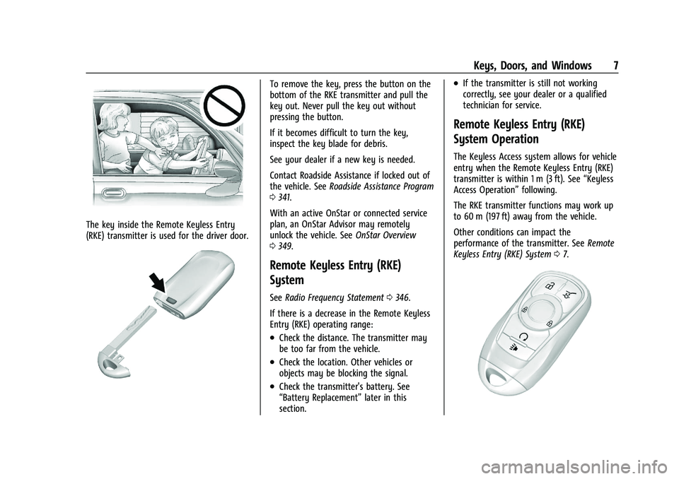 BUICK ENCLAVE 2021  Owners Manual Buick Enclave Owner Manual (GMNA-Localizing-U.S./Canada/Mexico-
14637843) - 2021 - CRC - 12/9/20
Keys, Doors, and Windows 7
The key inside the Remote Keyless Entry
(RKE) transmitter is used for the dr