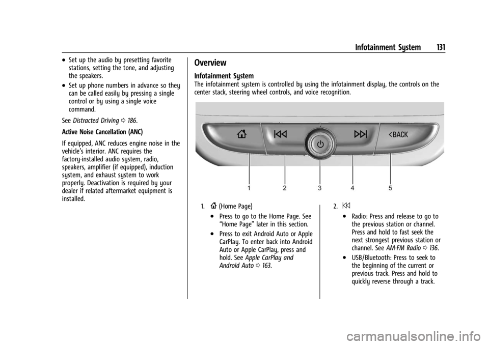 BUICK ENCLAVE 2023 Owners Manual Buick Enclave Owner Manual (GMNA-Localizing-U.S./Canada/Mexico-
16411536) - 2023 - CRC - 3/28/22
Infotainment System 131
.Set up the audio by presetting favorite
stations, setting the tone, and adjust BUICK ENCLAVE 2023 Owners Manual Buick Enclave Owner Manual (GMNA-Localizing-U.S./Canada/Mexico-
16411536) - 2023 - CRC - 3/28/22
Infotainment System 131
.Set up the audio by presetting favorite
stations, setting the tone, and adjust