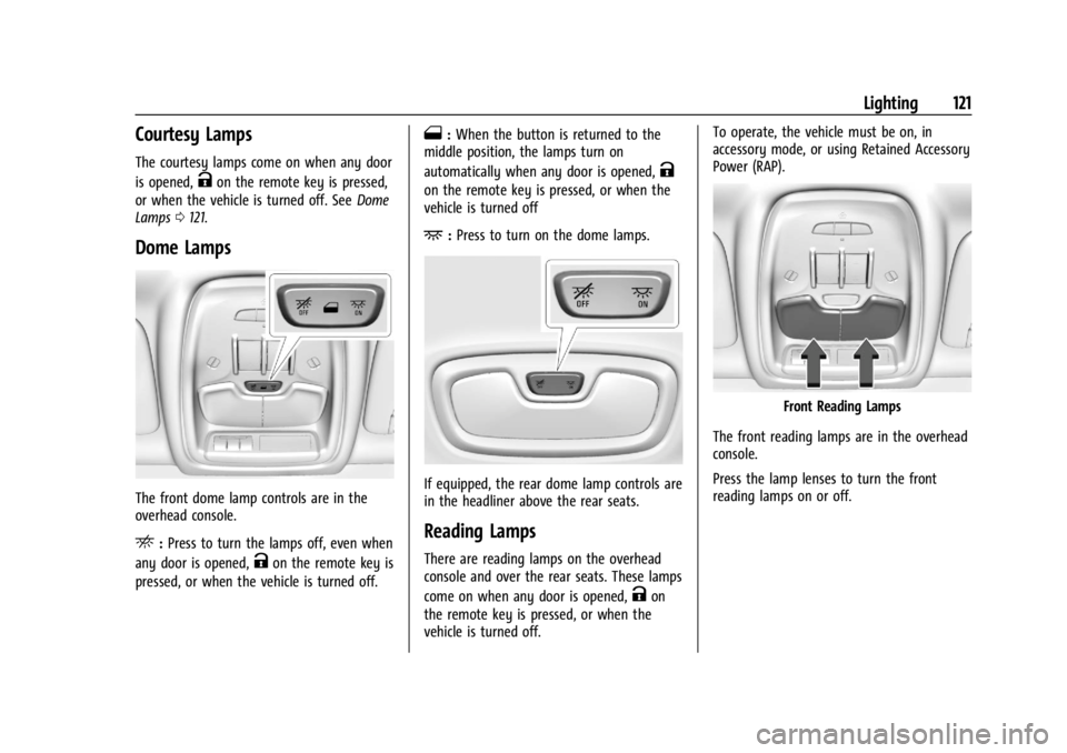 BUICK ENCORE GX 2024 Owners Manual Buick Encore GX Owner Manual (GMNA-Localizing-U.S./Canada/Mexico-
16897608) - 2024 - CRC - 1/23/23
Lighting 121
Courtesy Lamps
The courtesy lamps come on when any door
is opened,
Kon the remote key is BUICK ENCORE GX 2024 Owners Manual Buick Encore GX Owner Manual (GMNA-Localizing-U.S./Canada/Mexico-
16897608) - 2024 - CRC - 1/23/23
Lighting 121
Courtesy Lamps
The courtesy lamps come on when any door
is opened,
Kon the remote key is