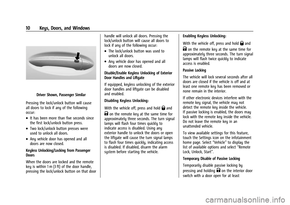 BUICK ENCORE GX 2023 User Guide Buick Encore GX Owner Manual (GMNA-Localizing-U.S./Canada/Mexico-
16263917) - 2023 - CRC - 2/24/22
10 Keys, Doors, and Windows
Driver Shown, Passenger Similar
Pressing the lock/unlock button will caus