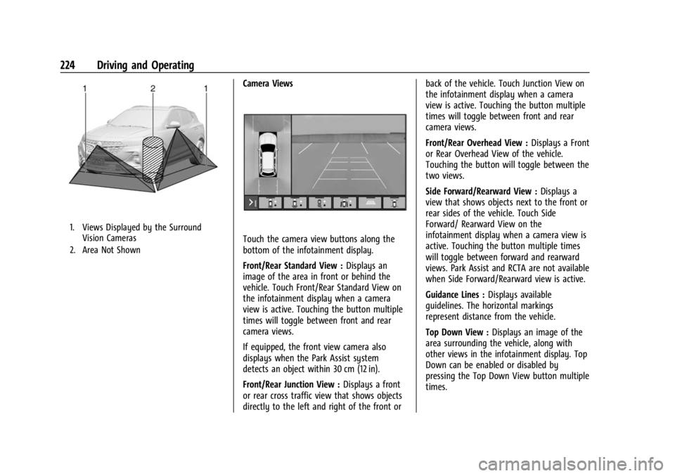 BUICK ENCORE GX 2023 User Guide Buick Encore GX Owner Manual (GMNA-Localizing-U.S./Canada/Mexico-
16263917) - 2023 - CRC - 2/24/22
224 Driving and Operating
1. Views Displayed by the SurroundVision Cameras
2. Area Not Shown
Camera V BUICK ENCORE GX 2023 User Guide Buick Encore GX Owner Manual (GMNA-Localizing-U.S./Canada/Mexico-
16263917) - 2023 - CRC - 2/24/22
224 Driving and Operating
1. Views Displayed by the SurroundVision Cameras
2. Area Not Shown
Camera V