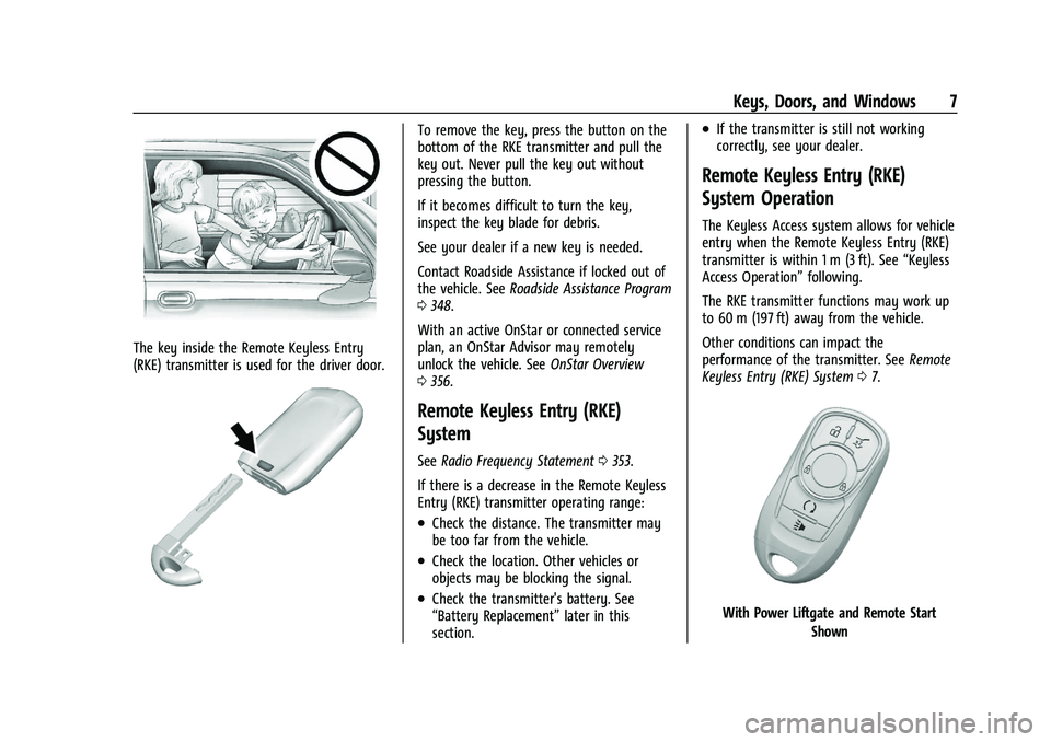 BUICK ENCORE GX 2022  Owners Manual Buick Encore GX Owner Manual (GMNA-Localizing-U.S./Canada/Mexico-
15481080) - 2022 - CRC - 6/1/21
Keys, Doors, and Windows 7
The key inside the Remote Keyless Entry
(RKE) transmitter is used for the d