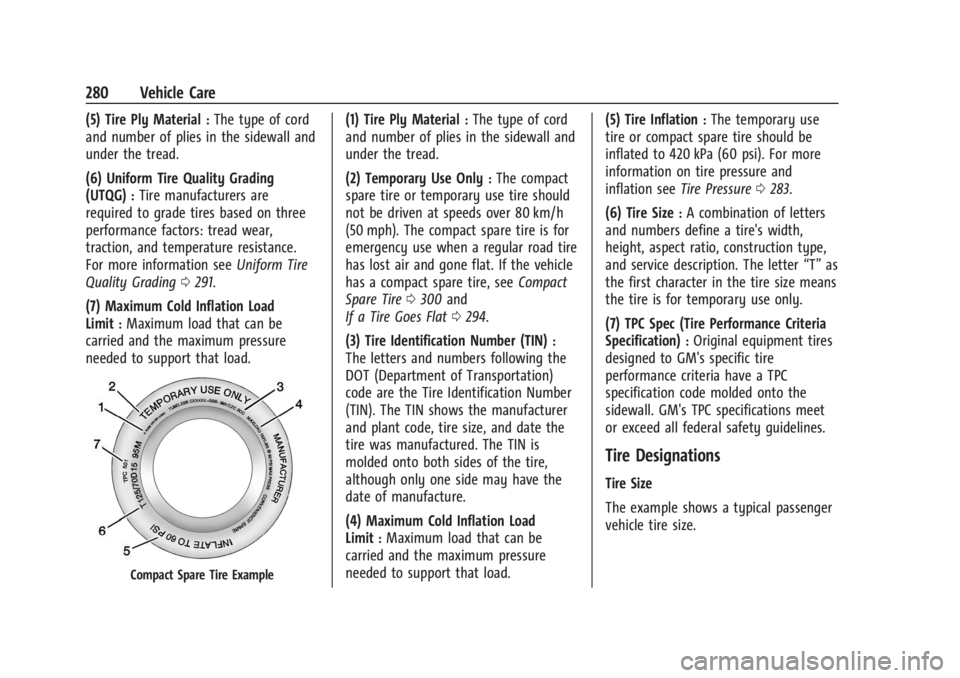 BUICK ENVISION 2023  Owners Manual Buick Envision Owner Manual (GMNA-Localizing-U.S./Canada/Mexico-
16060855) - 2023 - CRC - 2/9/22
280 Vehicle Care
(5) Tire Ply Material:The type of cord
and number of plies in the sidewall and
under t