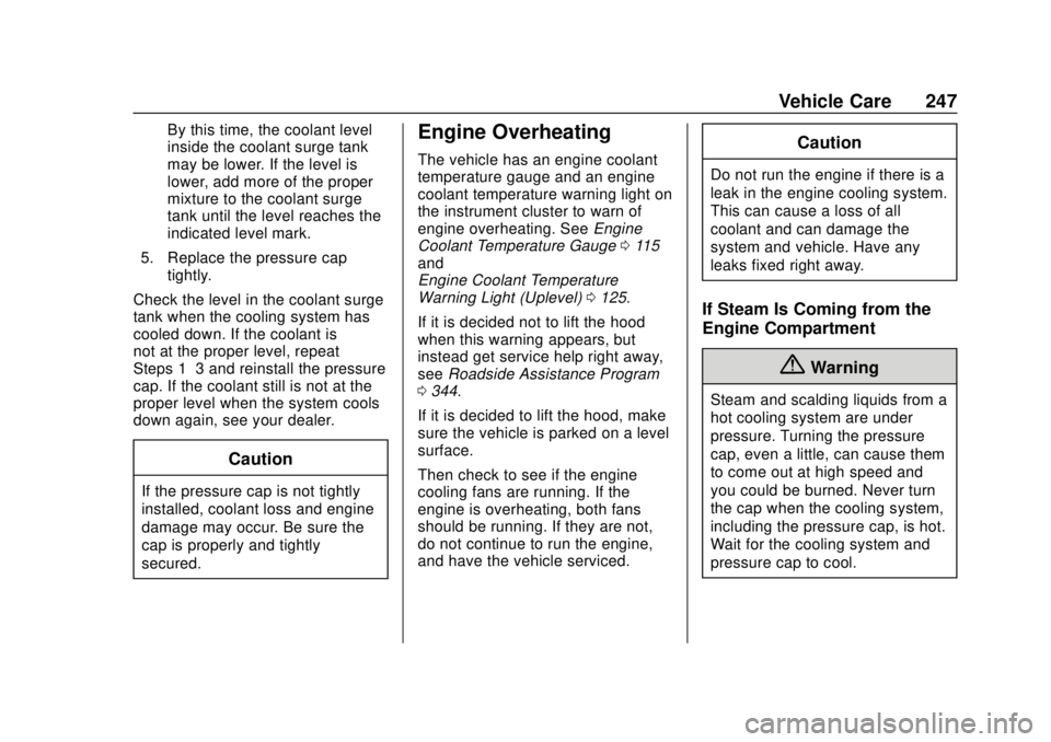 BUICK REGAL 2020 Owners Manual Buick Regal Owner Manual (GMNA-Localizing-U.S./Canada-13557849) -
2020 - CRC - 6/25/19
Vehicle Care 247
By this time, the coolant level
inside the coolant surge tank
may be lower. If the level is
lowe