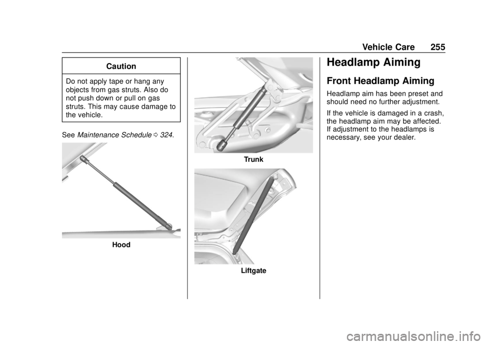 BUICK REGAL 2020  Owners Manual Buick Regal Owner Manual (GMNA-Localizing-U.S./Canada-13557849) -
2020 - CRC - 6/25/19
Vehicle Care 255
Caution
Do not apply tape or hang any
objects from gas struts. Also do
not push down or pull on 