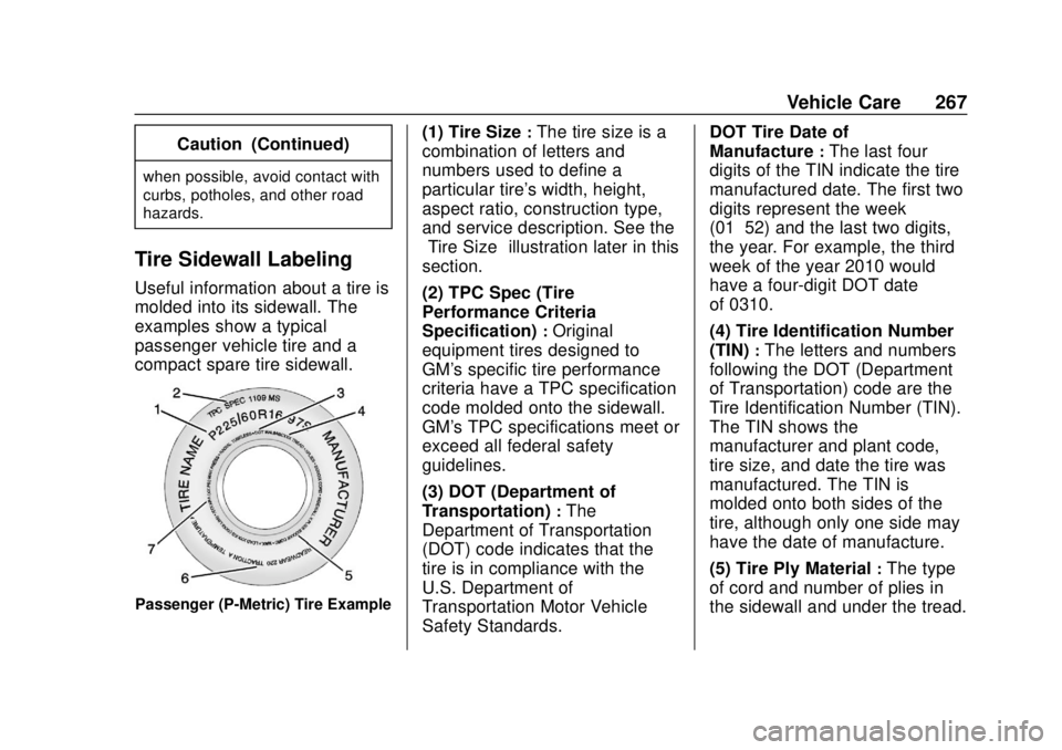 BUICK REGAL 2020 Owners Manual Buick Regal Owner Manual (GMNA-Localizing-U.S./Canada-13557849) -
2020 - CRC - 6/25/19
Vehicle Care 267
Caution (Continued)
when possible, avoid contact with
curbs, potholes, and other road
hazards.
T BUICK REGAL 2020 Owners Manual Buick Regal Owner Manual (GMNA-Localizing-U.S./Canada-13557849) -
2020 - CRC - 6/25/19
Vehicle Care 267
Caution (Continued)
when possible, avoid contact with
curbs, potholes, and other road
hazards.
T