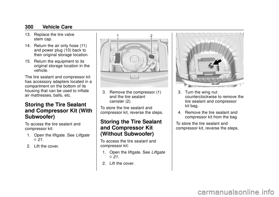 BUICK REGAL 2020 Owners Manual Buick Regal Owner Manual (GMNA-Localizing-U.S./Canada-13557849) -
2020 - CRC - 6/25/19
300 Vehicle Care
13. Replace the tire valvestem cap.
14. Return the air only hose (11) and power plug (10) back t BUICK REGAL 2020 Owners Manual Buick Regal Owner Manual (GMNA-Localizing-U.S./Canada-13557849) -
2020 - CRC - 6/25/19
300 Vehicle Care
13. Replace the tire valvestem cap.
14. Return the air only hose (11) and power plug (10) back t