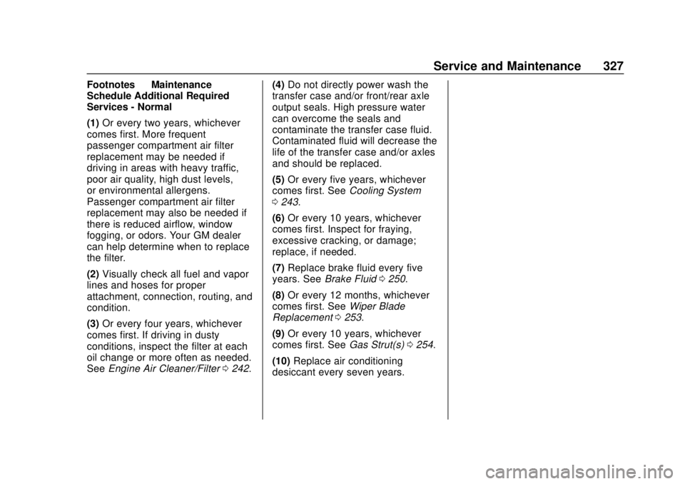 BUICK REGAL 2020 Owners Guide Buick Regal Owner Manual (GMNA-Localizing-U.S./Canada-13557849) -
2020 - CRC - 6/25/19
Service and Maintenance 327
Footnotes—Maintenance
Schedule Additional Required
Services - Normal
(1) Or every t BUICK REGAL 2020 Owners Guide Buick Regal Owner Manual (GMNA-Localizing-U.S./Canada-13557849) -
2020 - CRC - 6/25/19
Service and Maintenance 327
Footnotes—Maintenance
Schedule Additional Required
Services - Normal
(1) Or every t