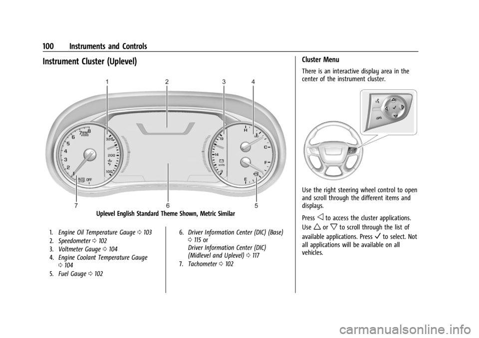 GMC ACADIA 2021  Owners Manual GMC Acadia/Acadia Denali Owner Manual (GMNA-Localizing-U.S./Canada/
Mexico-14608671) - 2021 - CRC - 10/26/20
100 Instruments and Controls
Instrument Cluster (Uplevel)
Uplevel English Standard Theme Sh