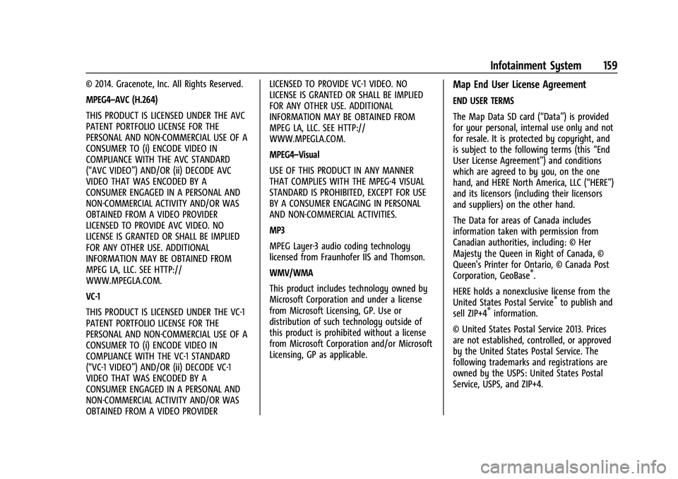 GMC CANYON 2021  Owners Manual GMC Canyon/Canyon Denali Owner Manual (GMNA-Localizing-U.S./Canada-
14430430) - 2021 - CRC - 9/9/20
Infotainment System 159
© 2014. Gracenote, Inc. All Rights Reserved.
MPEG4–AVC (H.264)
THIS PRODU