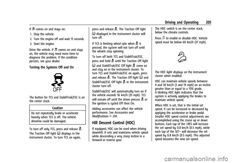 GMC CANYON 2021  Owners Manual GMC Canyon/Canyon Denali Owner Manual (GMNA-Localizing-U.S./Canada-
14430430) - 2021 - CRC - 9/9/20
Driving and Operating 205
Ifdcomes on and stays on:
1. Stop the vehicle.
2. Turn the engine off and 