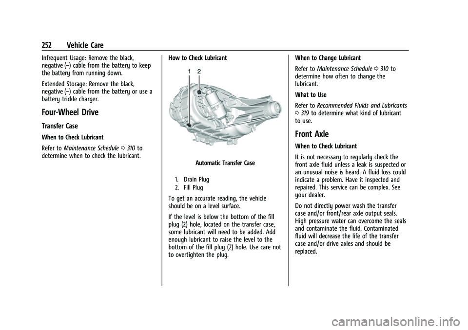 GMC CANYON 2021  Owners Manual GMC Canyon/Canyon Denali Owner Manual (GMNA-Localizing-U.S./Canada-
14430430) - 2021 - CRC - 9/9/20
252 Vehicle Care
Infrequent Usage: Remove the black,
negative (−) cable from the battery to keep
t