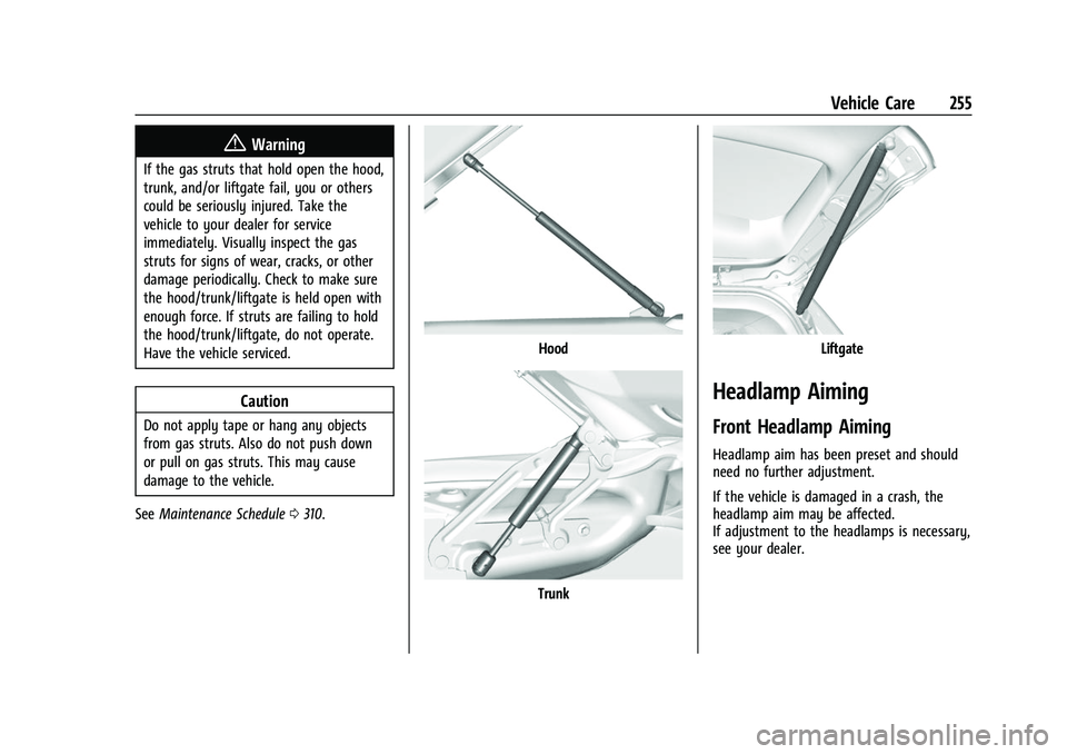 GMC CANYON 2021 User Guide GMC Canyon/Canyon Denali Owner Manual (GMNA-Localizing-U.S./Canada-
14430430) - 2021 - CRC - 9/9/20
Vehicle Care 255
{Warning
If the gas struts that hold open the hood,
trunk, and/or liftgate fail, yo GMC CANYON 2021 User Guide GMC Canyon/Canyon Denali Owner Manual (GMNA-Localizing-U.S./Canada-
14430430) - 2021 - CRC - 9/9/20
Vehicle Care 255
{Warning
If the gas struts that hold open the hood,
trunk, and/or liftgate fail, yo