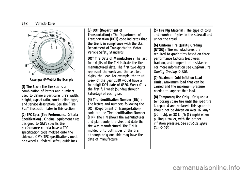 GMC CANYON 2021  Owners Manual GMC Canyon/Canyon Denali Owner Manual (GMNA-Localizing-U.S./Canada-
14430430) - 2021 - CRC - 9/9/20
268 Vehicle Care
Passenger (P-Metric) Tire Example
(1) Tire Size:The tire size is a
combination of l