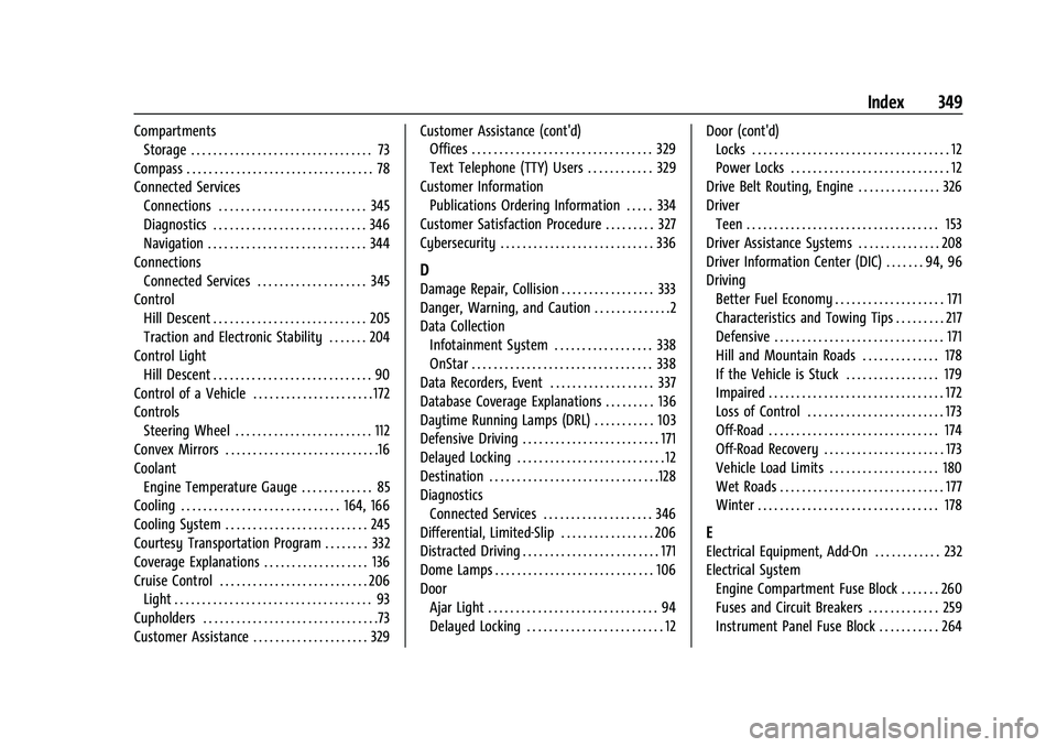 GMC CANYON 2021  Owners Manual GMC Canyon/Canyon Denali Owner Manual (GMNA-Localizing-U.S./Canada-
14430430) - 2021 - CRC - 9/9/20
Index 349
CompartmentsStorage . . . . . . . . . . . . . . . . . . . . . . . . . . . . . . . . . 73
C