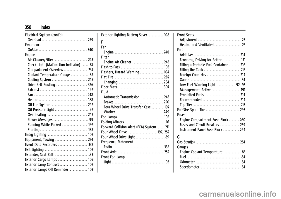 GMC CANYON 2021 Owners Guide GMC Canyon/Canyon Denali Owner Manual (GMNA-Localizing-U.S./Canada-
14430430) - 2021 - CRC - 9/9/20
350 Index
Electrical System (cont'd)Overload . . . . . . . . . . . . . . . . . . . . . . . . . . GMC CANYON 2021 Owners Guide GMC Canyon/Canyon Denali Owner Manual (GMNA-Localizing-U.S./Canada-
14430430) - 2021 - CRC - 9/9/20
350 Index
Electrical System (cont'd)Overload . . . . . . . . . . . . . . . . . . . . . . . . . .