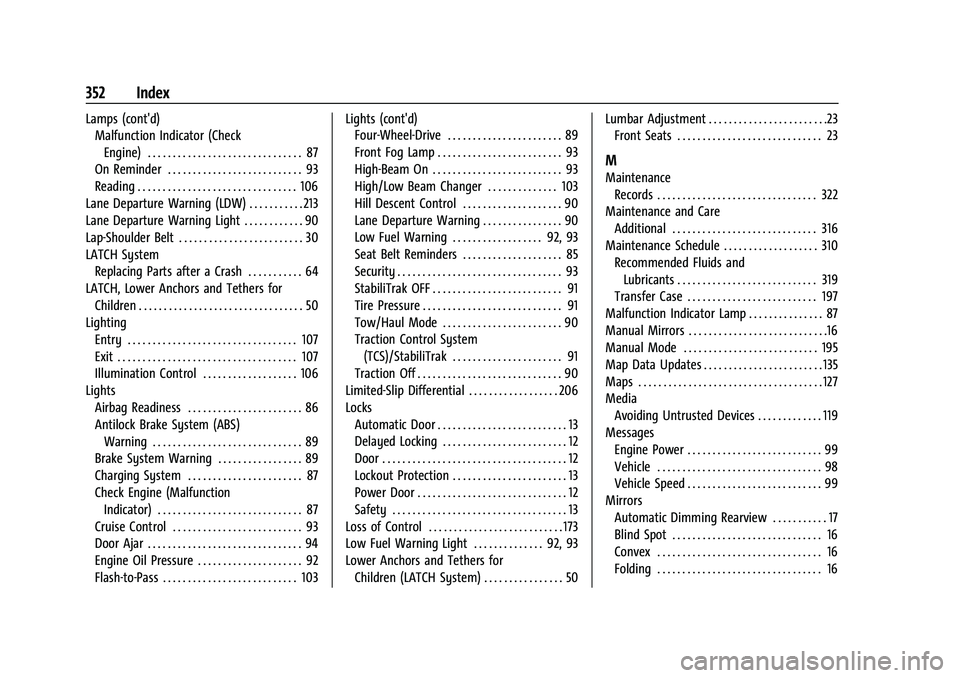GMC CANYON 2021 Owners Guide GMC Canyon/Canyon Denali Owner Manual (GMNA-Localizing-U.S./Canada-
14430430) - 2021 - CRC - 9/9/20
352 Index
Lamps (cont'd)Malfunction Indicator (Check
Engine) . . . . . . . . . . . . . . . . . . GMC CANYON 2021 Owners Guide GMC Canyon/Canyon Denali Owner Manual (GMNA-Localizing-U.S./Canada-
14430430) - 2021 - CRC - 9/9/20
352 Index
Lamps (cont'd)Malfunction Indicator (Check
Engine) . . . . . . . . . . . . . . . . . .