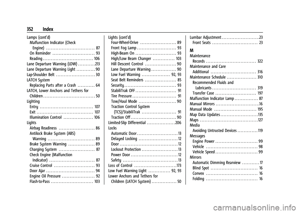 GMC CANYON 2021  Owners Manual GMC Canyon/Canyon Denali Owner Manual (GMNA-Localizing-U.S./Canada-
14430430) - 2021 - CRC - 9/9/20
352 Index
Lamps (cont'd)Malfunction Indicator (Check
Engine) . . . . . . . . . . . . . . . . . .