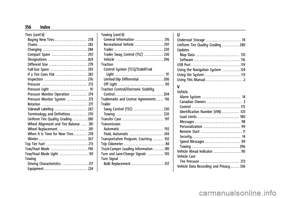 GMC CANYON 2021 Owners Guide GMC Canyon/Canyon Denali Owner Manual (GMNA-Localizing-U.S./Canada-
14430430) - 2021 - CRC - 9/9/20
356 Index
Tires (cont'd)Buying New Tires . . . . . . . . . . . . . . . . . . . . . . 278
Chains 