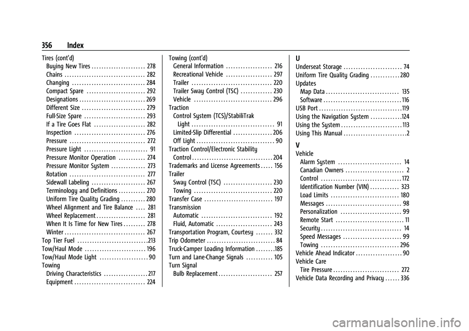 GMC CANYON 2021  Owners Manual GMC Canyon/Canyon Denali Owner Manual (GMNA-Localizing-U.S./Canada-
14430430) - 2021 - CRC - 9/9/20
356 Index
Tires (cont'd)Buying New Tires . . . . . . . . . . . . . . . . . . . . . . 278
Chains 