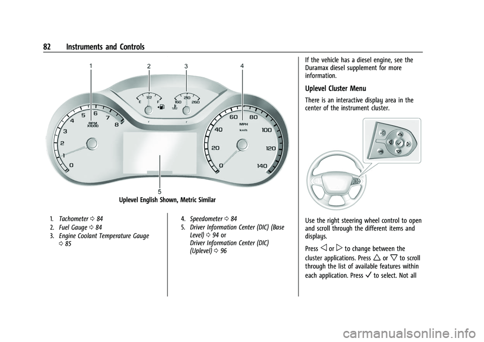GMC CANYON 2021 Manual Online GMC Canyon/Canyon Denali Owner Manual (GMNA-Localizing-U.S./Canada-
14430430) - 2021 - CRC - 9/9/20
82 Instruments and Controls
Uplevel English Shown, Metric Similar
1.Tachometer 084
2. Fuel Gauge 084