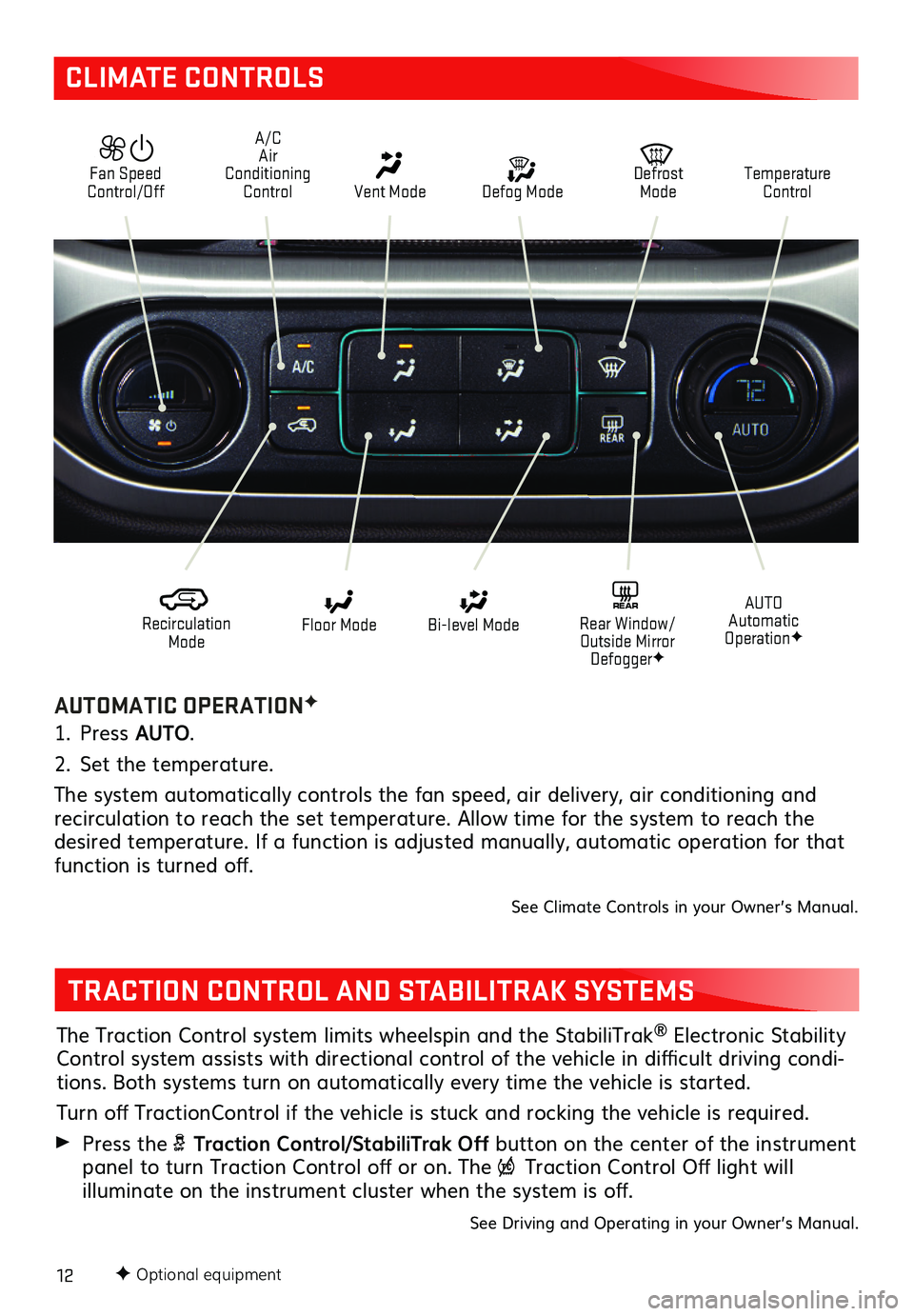GMC CANYON 2021 Get To Know Guide 12F Optional equipment
CLIMATE CONTROLS
AUTOMATIC OPERATIONF
1. Press AUTO.
2. Set the temperature.
The system automatically controls the fan speed, air delivery, air conditioning and
recirculation GMC CANYON 2021 Get To Know Guide 12F Optional equipment
CLIMATE CONTROLS
AUTOMATIC OPERATIONF
1. Press AUTO.
2. Set the temperature.
The system automatically controls the fan speed, air delivery, air conditioning and
recirculation