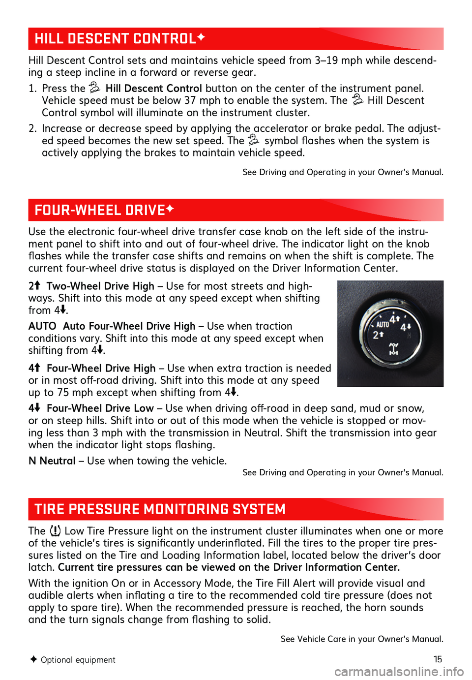 GMC CANYON 2021 Get To Know Guide 15
HILL DESCENT CONTROLF
FOUR-WHEEL DRIVEF
TIRE PRESSURE MONITORING SYSTEM
Hill Descent Control sets and maintains vehicle speed from 3–19 mph while descend-ing a steep incline in a forward or reve GMC CANYON 2021 Get To Know Guide 15
HILL DESCENT CONTROLF
FOUR-WHEEL DRIVEF
TIRE PRESSURE MONITORING SYSTEM
Hill Descent Control sets and maintains vehicle speed from 3–19 mph while descend-ing a steep incline in a forward or reve