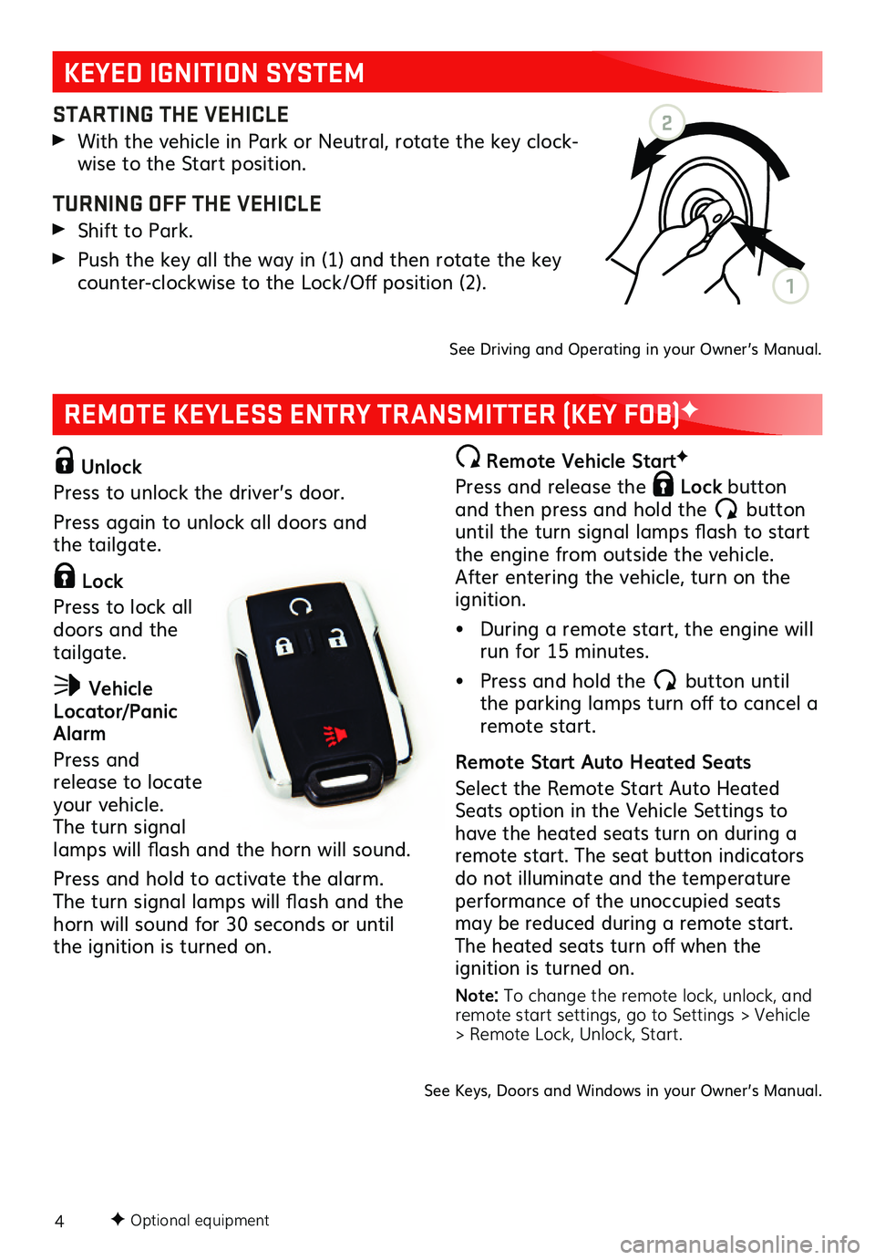 GMC CANYON 2021  Get To Know Guide 4
REMOTE KEYLESS ENTRY TRANSMITTER (KEY FOB)F
F Optional equipment
 Unlock
Press to unlock the driver’s door. 
Press again to unlock all doors and  the tailgate.
 Lock 
Press to lock all doors and t