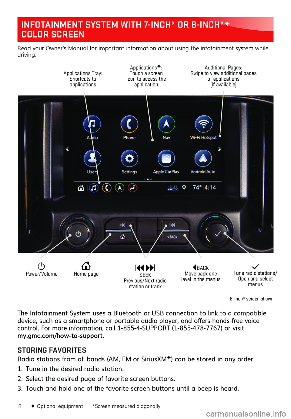 GMC CANYON 2021  Get To Know Guide 8
INFOTAINMENT SYSTEM WITH 7-INCH* OR 8-INCH*F 
COLOR SCREEN
The Infotainment System uses a Bluetooth or USB connection to link to a compatible device, such as a smartphone or portable audio player, a