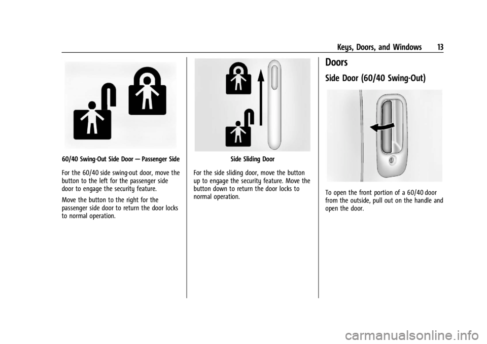 GMC SAVANA 2021  Owners Manual GMC Savana Owner Manual (GMNA-Localizing-U.S./Canada-14583543) -
2021 - crc - 7/10/20
Keys, Doors, and Windows 13
60/40 Swing-Out Side Door—Passenger Side
For the 60/40 side swing-out door, move the
