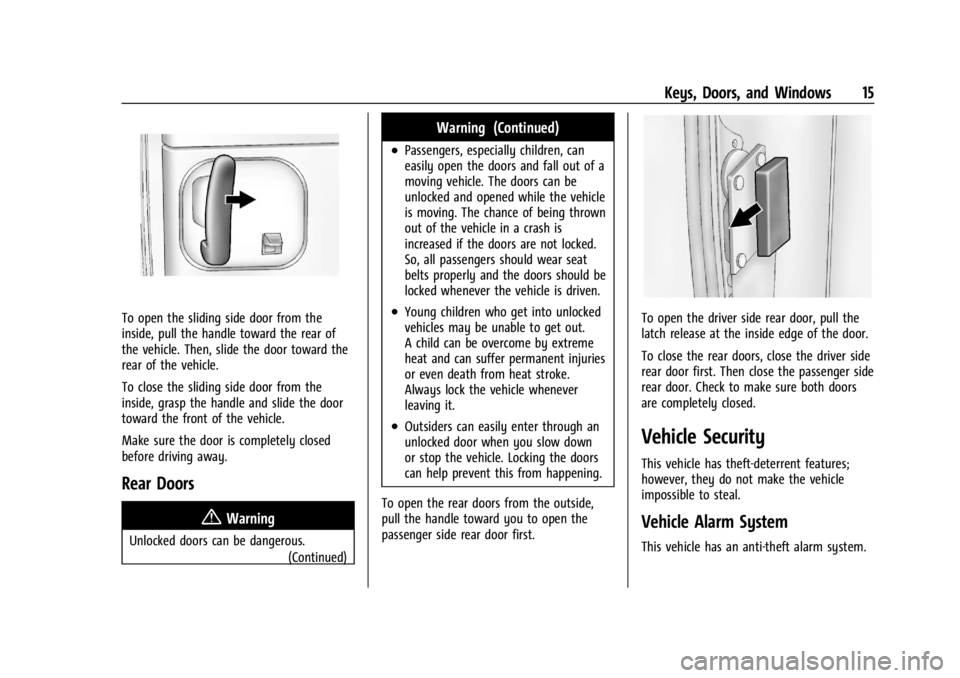GMC SAVANA 2021 User Guide GMC Savana Owner Manual (GMNA-Localizing-U.S./Canada-14583543) -
2021 - crc - 7/10/20
Keys, Doors, and Windows 15
To open the sliding side door from the
inside, pull the handle toward the rear of
the 