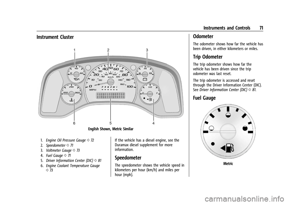 GMC SAVANA 2021  Owners Manual GMC Savana Owner Manual (GMNA-Localizing-U.S./Canada-14583543) -
2021 - crc - 7/10/20
Instruments and Controls 71
Instrument Cluster
English Shown, Metric Similar
1.Engine Oil Pressure Gauge 072
2. Sp