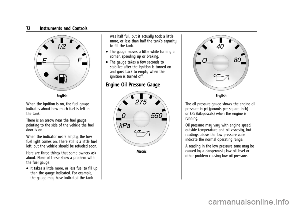 GMC SAVANA 2021 Owners Manual GMC Savana Owner Manual (GMNA-Localizing-U.S./Canada-14583543) -
2021 - crc - 7/10/20
72 Instruments and Controls
English
When the ignition is on, the fuel gauge
indicates about how much fuel is left GMC SAVANA 2021 Owners Manual GMC Savana Owner Manual (GMNA-Localizing-U.S./Canada-14583543) -
2021 - crc - 7/10/20
72 Instruments and Controls
English
When the ignition is on, the fuel gauge
indicates about how much fuel is left
