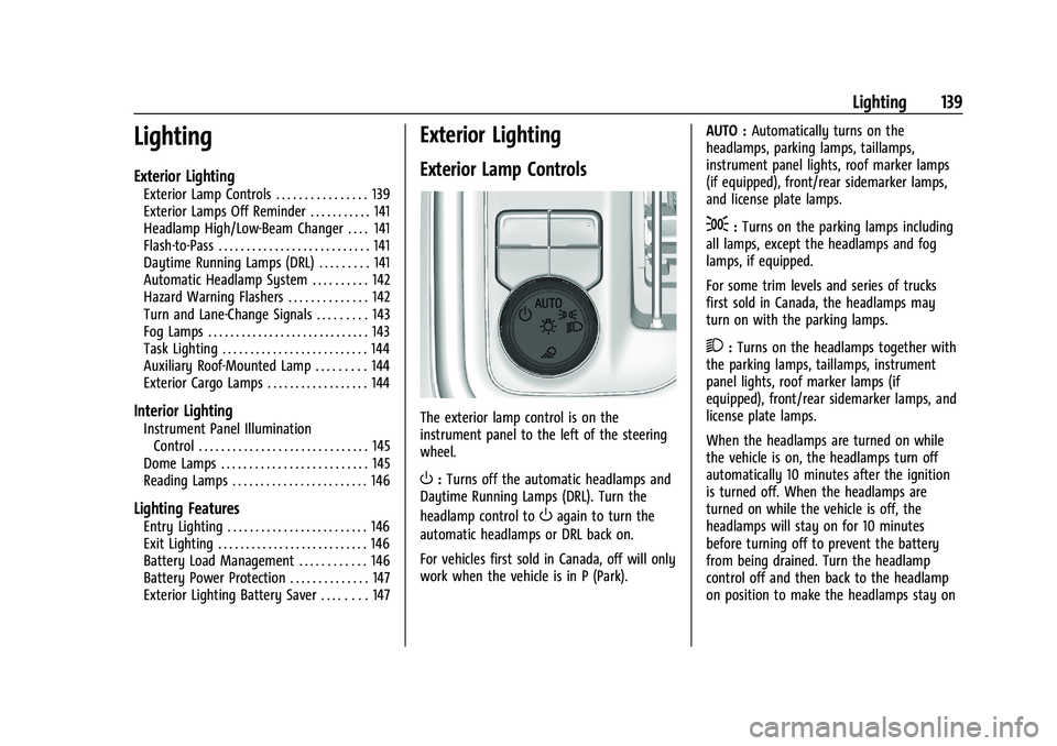 GMC SIERRA 2021  Owners Manual GMC Sierra/Sierra Denali 1500 Owner Manual (GMNA-Localizing-U.S./
Canada/Mexico-14632426) - 2021 - CRC - 11/6/20
Lighting 139
Lighting
Exterior Lighting
Exterior Lamp Controls . . . . . . . . . . . . 