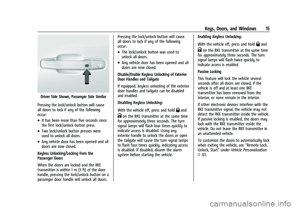 GMC SIERRA 2021  Owners Manual GMC Sierra/Sierra Denali 1500 Owner Manual (GMNA-Localizing-U.S./
Canada/Mexico-14632426) - 2021 - CRC - 11/5/20
Keys, Doors, and Windows 15
Driver Side Shown, Passenger Side Similar
Pressing the lock