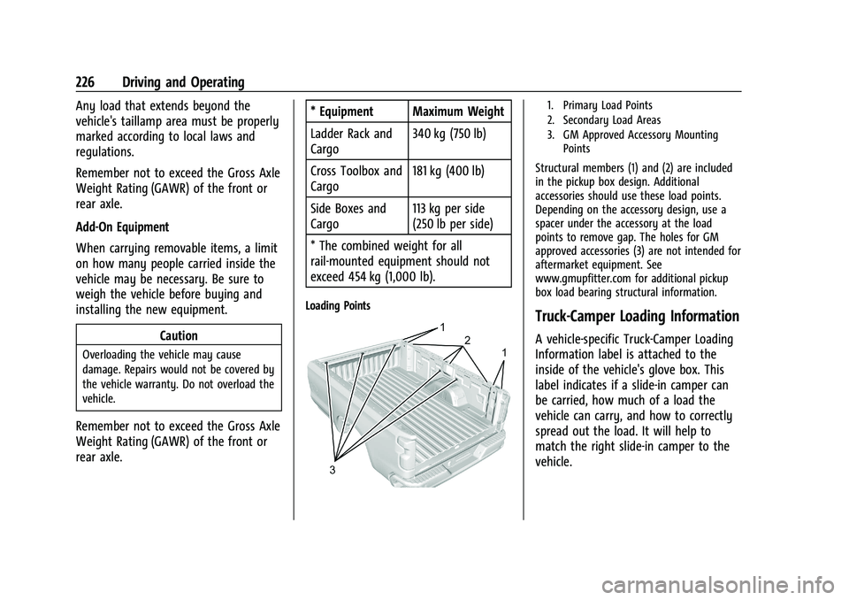 GMC SIERRA 2021 Owners Manual GMC Sierra/Sierra Denali 1500 Owner Manual (GMNA-Localizing-U.S./
Canada/Mexico-14632426) - 2021 - CRC - 11/5/20
226 Driving and Operating
Any load that extends beyond the
vehicle's taillamp area GMC SIERRA 2021 Owners Manual GMC Sierra/Sierra Denali 1500 Owner Manual (GMNA-Localizing-U.S./
Canada/Mexico-14632426) - 2021 - CRC - 11/5/20
226 Driving and Operating
Any load that extends beyond the
vehicle's taillamp area