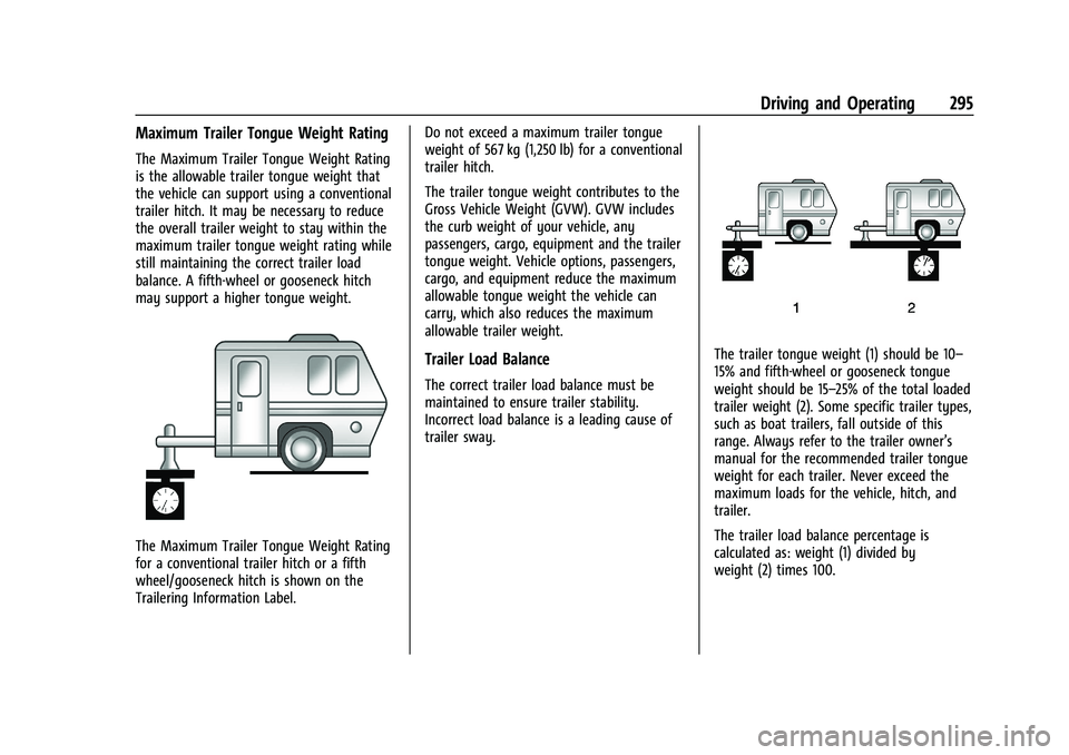 GMC SIERRA 2021 Owners Manual GMC Sierra/Sierra Denali 1500 Owner Manual (GMNA-Localizing-U.S./
Canada/Mexico-14632426) - 2021 - CRC - 11/5/20
Driving and Operating 295
Maximum Trailer Tongue Weight Rating
The Maximum Trailer Tong GMC SIERRA 2021 Owners Manual GMC Sierra/Sierra Denali 1500 Owner Manual (GMNA-Localizing-U.S./
Canada/Mexico-14632426) - 2021 - CRC - 11/5/20
Driving and Operating 295
Maximum Trailer Tongue Weight Rating
The Maximum Trailer Tong